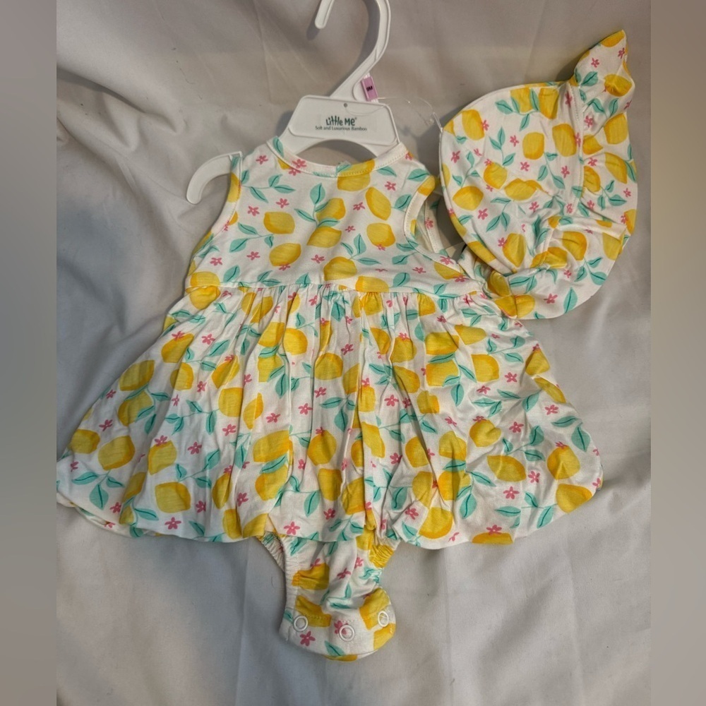 Little Me Lemon Print Baby Dress and Hat Set